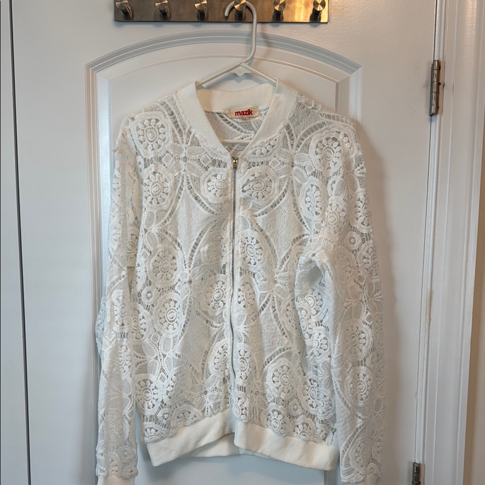 Mazik White Lace Bomber Jacket with Ribbed Trim